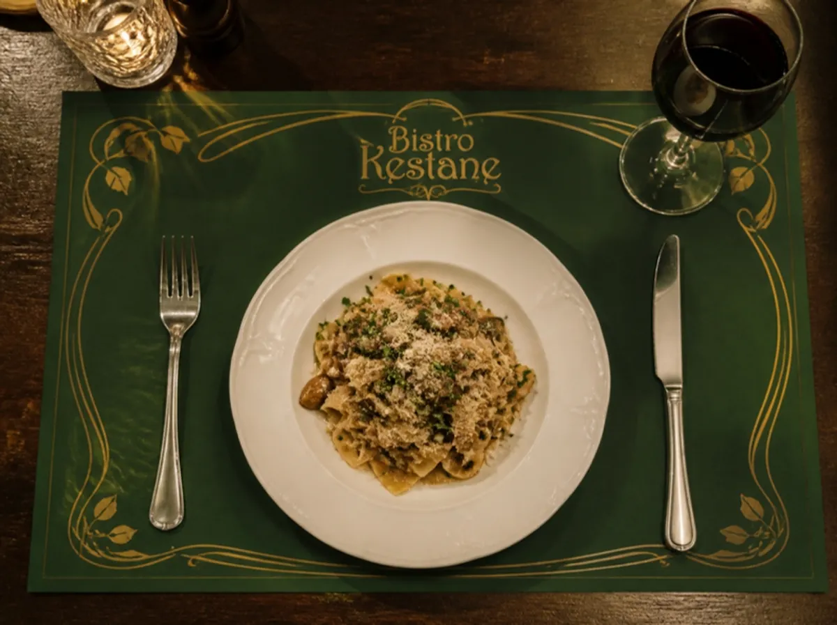 Bistro Kestane servis kâğıdı üzerinde makarna tabağı